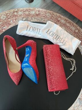 Loriblu Red Embellished Pointed-Toe Heels and Matching Evening Clutch
